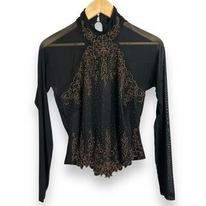 Sheer Beaded‎ Top Black Brown Long Sleeves Dance Medium Dramatic Women Stretch